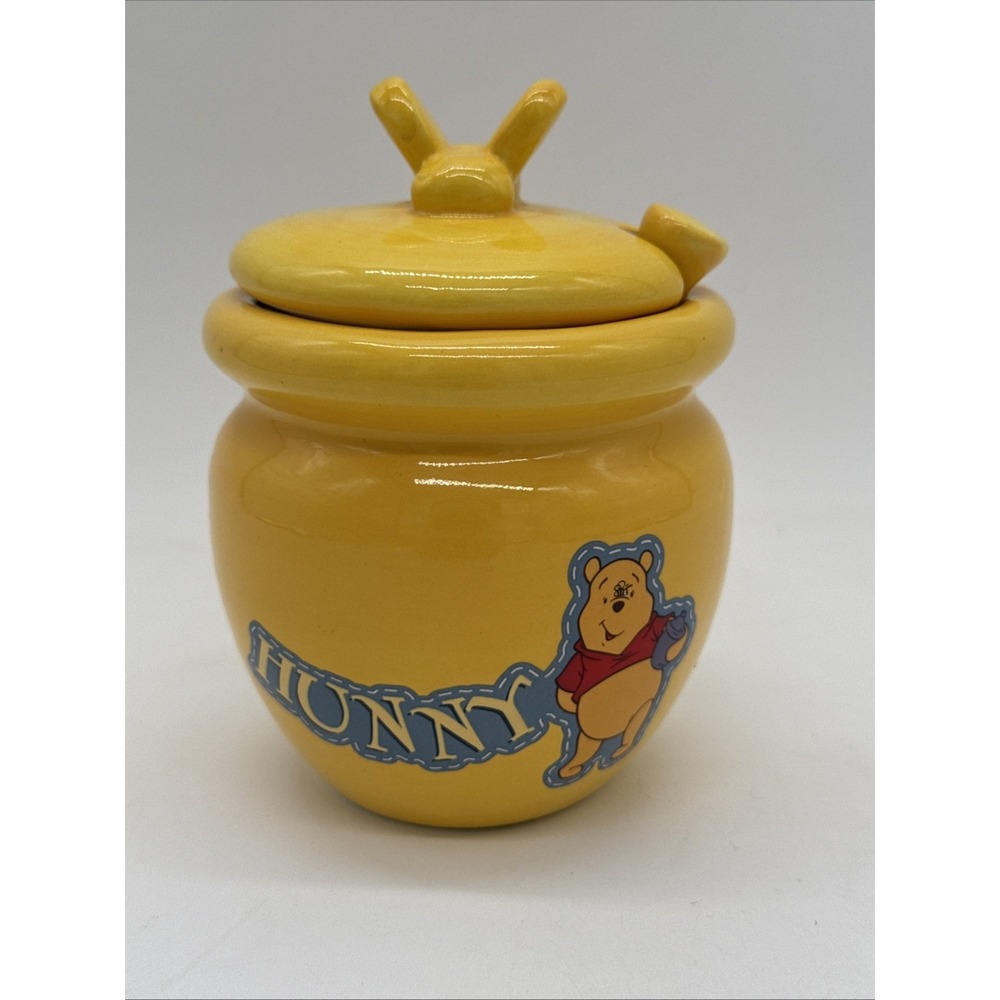 Disney Winnie The Pooh Yellow Ceramic Honeypot W/lid & Dipper